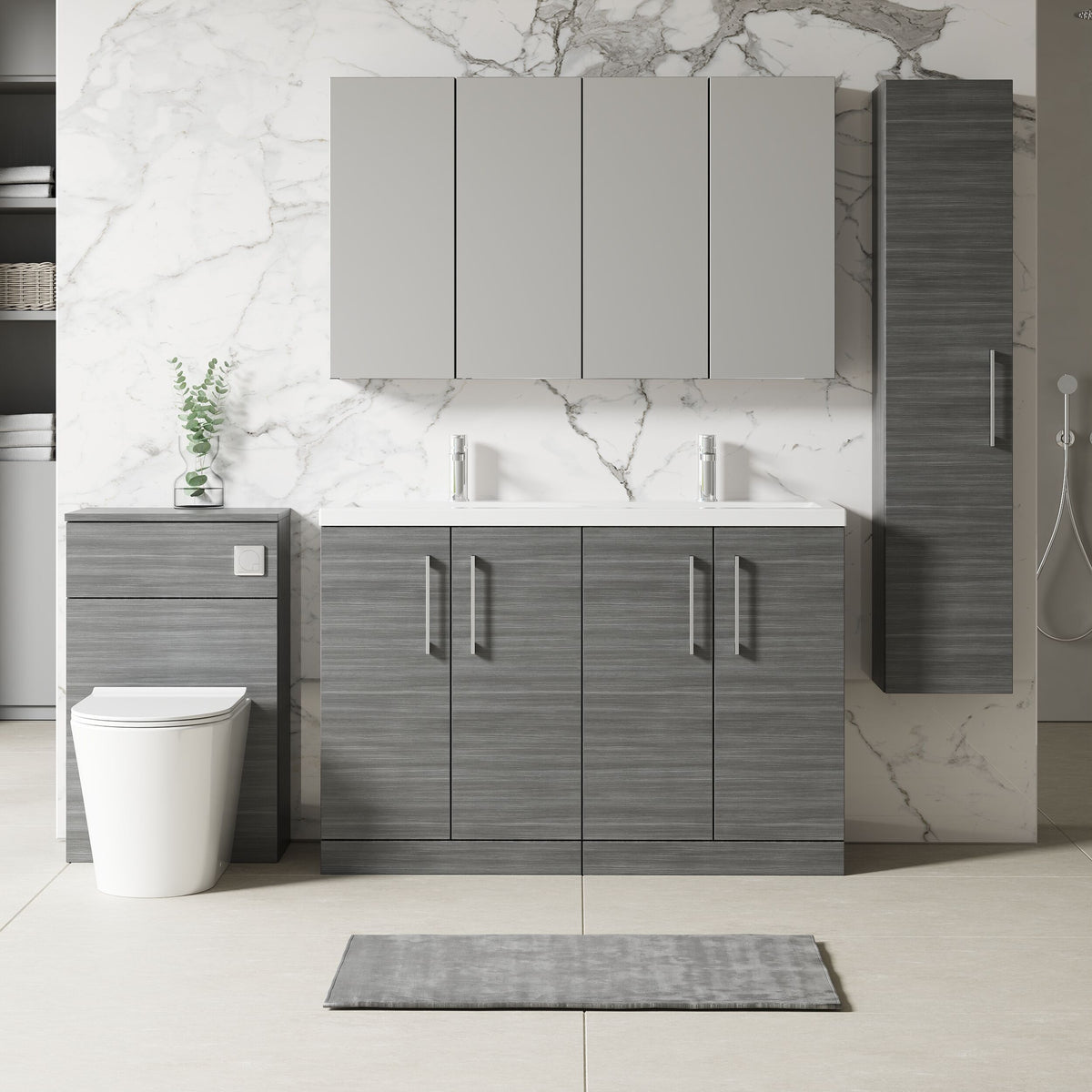 Modern Splash 1200mm Anthracite Woodgrain 4 Door Floor Standing Vanity Unit With 2 Tap Hole Ceramic Basin