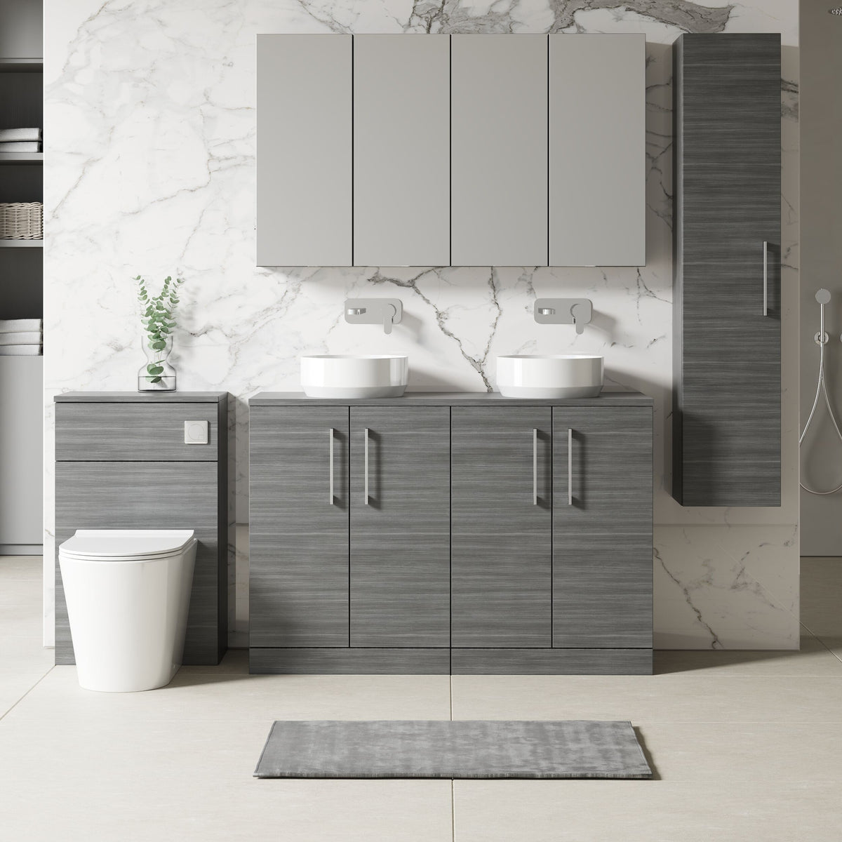 Modern Splash 1200mm Anthracite Woodgrain 4 door Floor Standing Vanity Unit With Co-ordinating Worktop