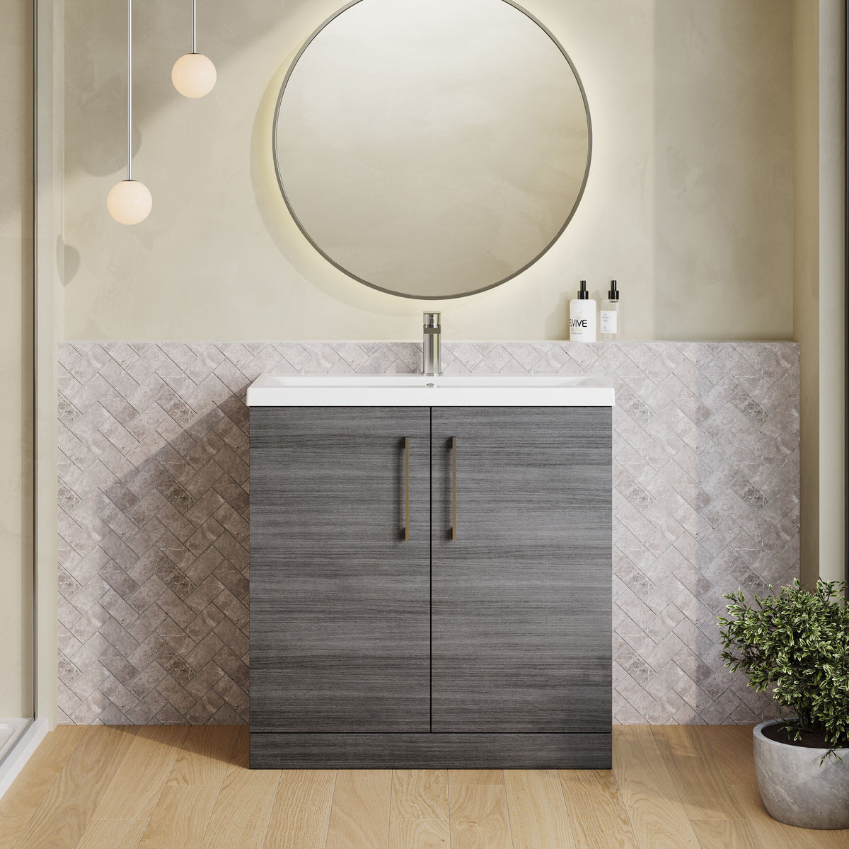 Modern Splash 800mm Anthracite Woodgrain 2 Door Floor Standing Vanity Unit With Mid-Edge Basin