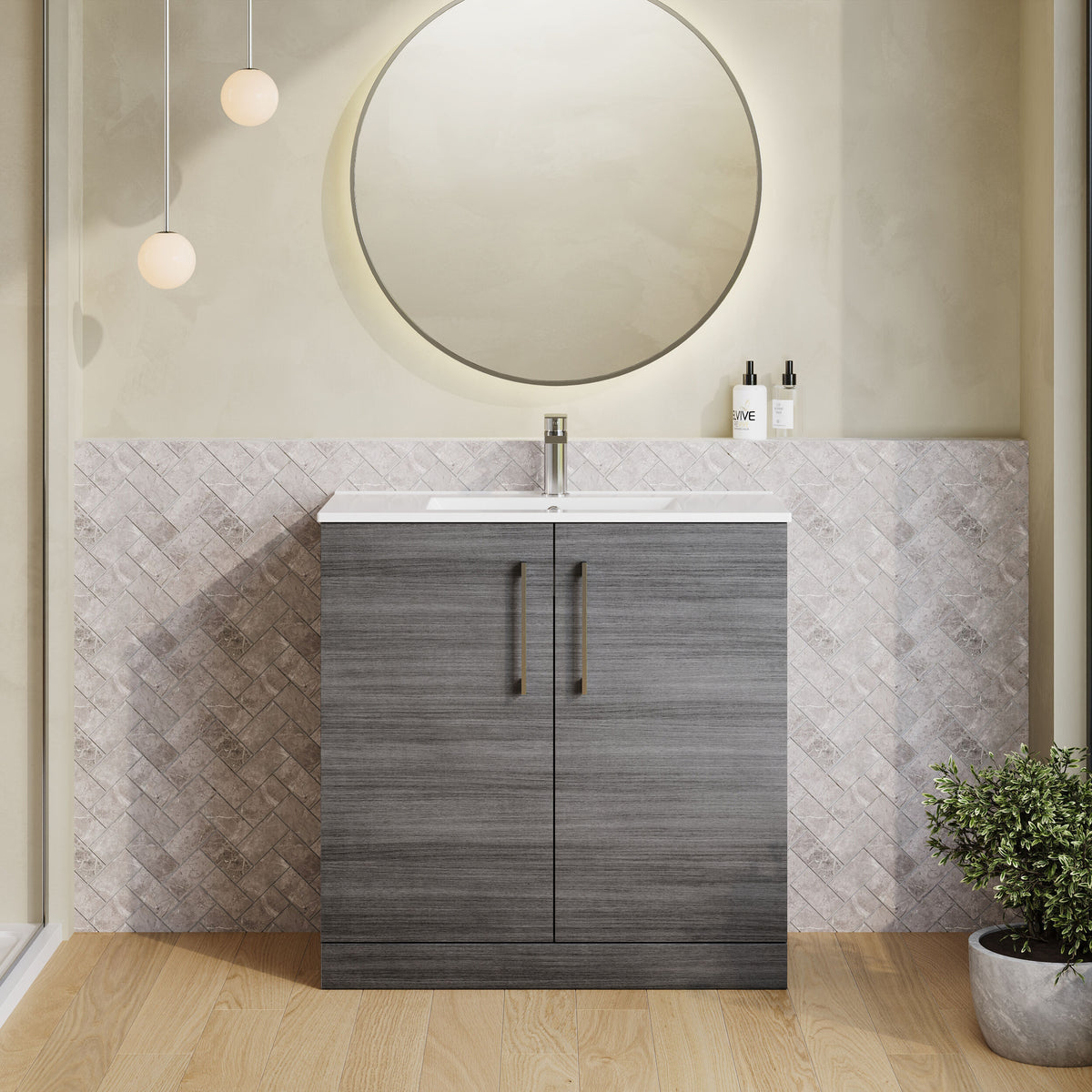 Modern Splash 800mm Anthracite Woodgrain 2 Door Floor Standing Vanity Unit With Minimalist Basin