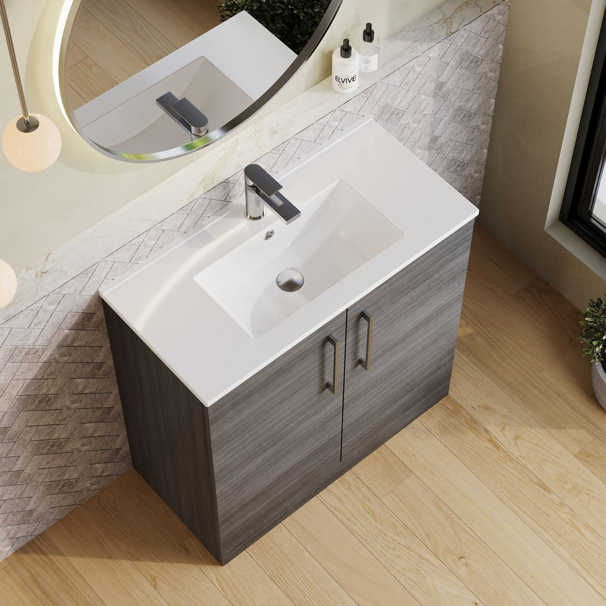 Modern Splash 800mm Anthracite Woodgrain 2 Door Floor Standing Vanity Unit With Minimalist Basin
