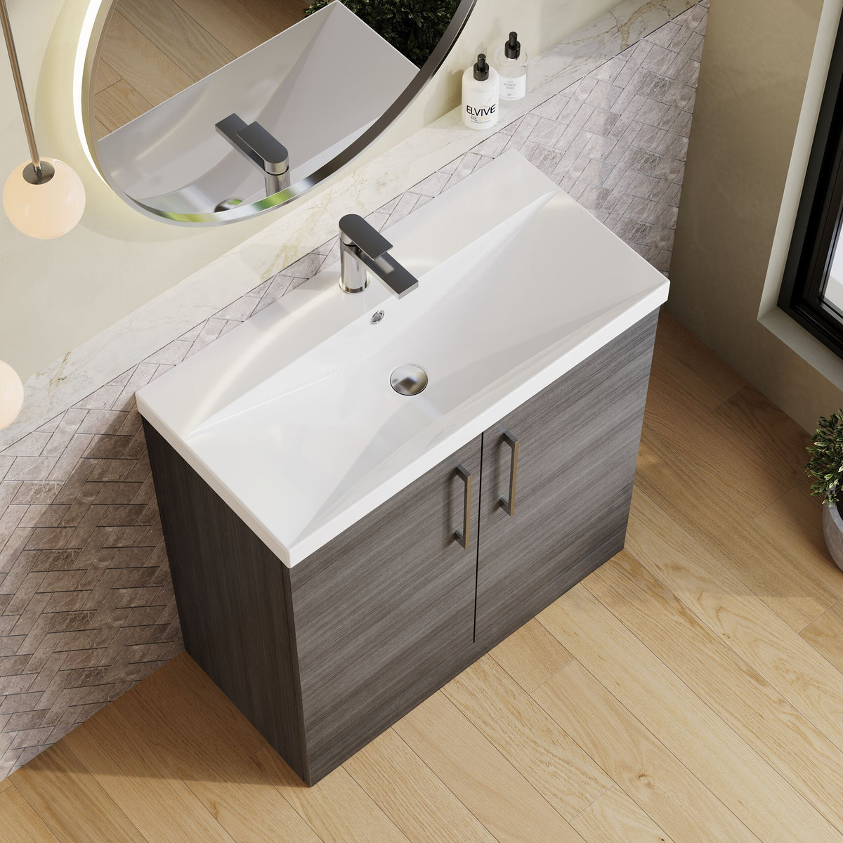 Modern Splash 800mm Anthracite Woodgrain 2 Door Floor Standing Vanity Unit With Thin Edge Basin