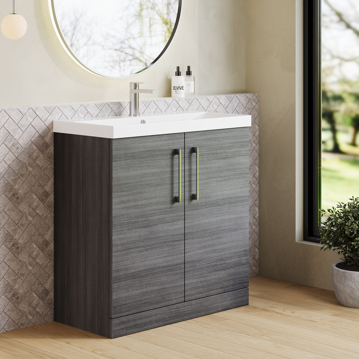 Modern Splash 800mm Anthracite Woodgrain 2 Door Floor Standing Vanity Unit With Thin Edge Basin