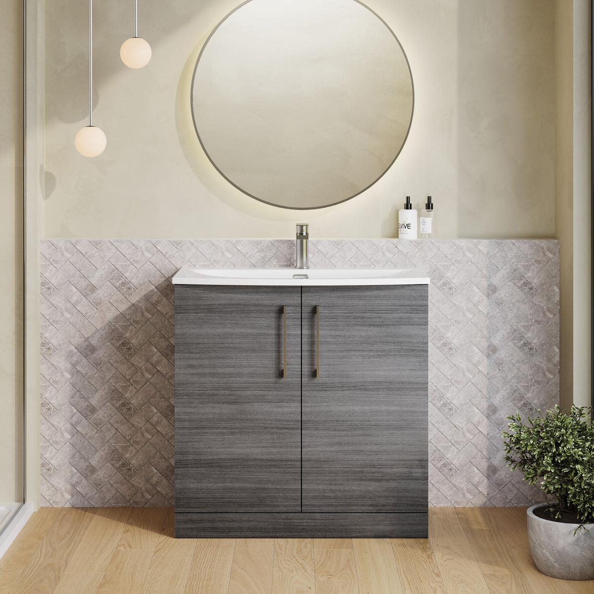 Modern Splash 800mm Anthracite Woodgrain 2 Door Floor Standing Vanity Unit With Curved Basin