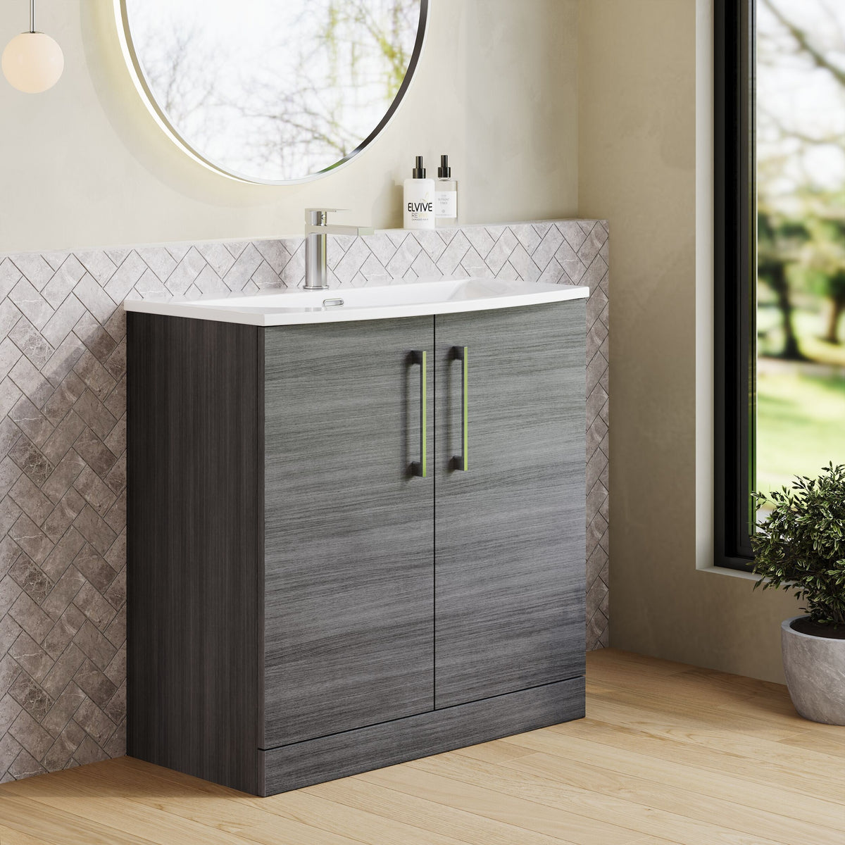 Modern Splash 800mm Anthracite Woodgrain 2 Door Floor Standing Vanity Unit With Curved Basin