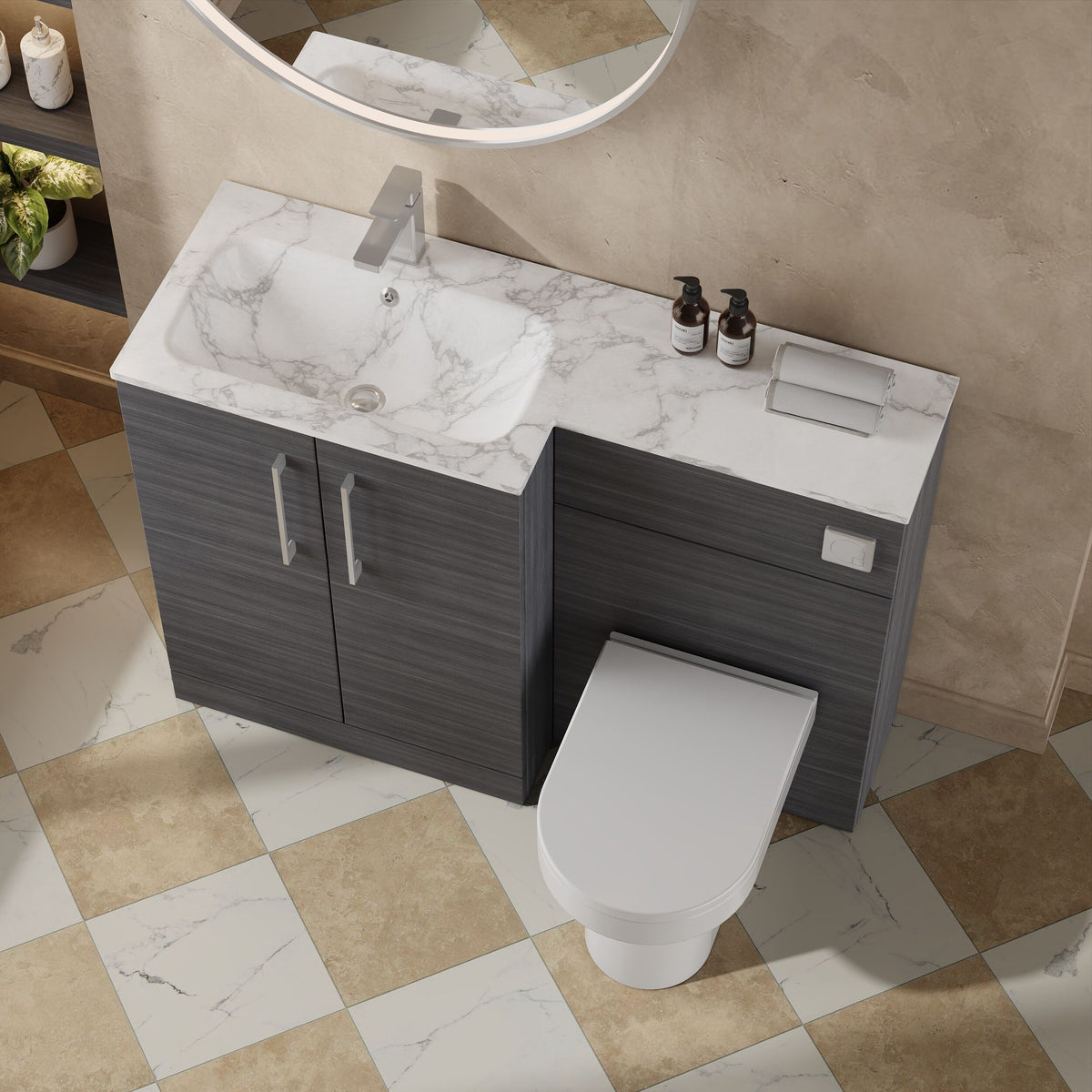 Modern Splash 1100mm Anthracite Woodgrain 2 Door Floor Standing Left-Hand Combination Unit With Stone Basin