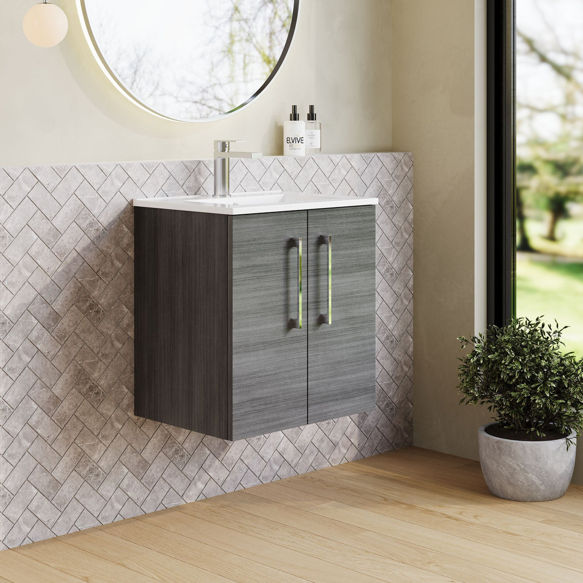 Modern Splash 500mm Anthracite Woodgrain 2 Door Wall Hung Vanity Unit With Minimalist Basin
