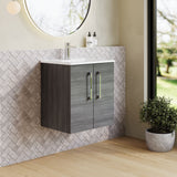 Modern Splash 500mm Anthracite Woodgrain 2 Door Wall Hung Vanity Unit With Minimalist Basin