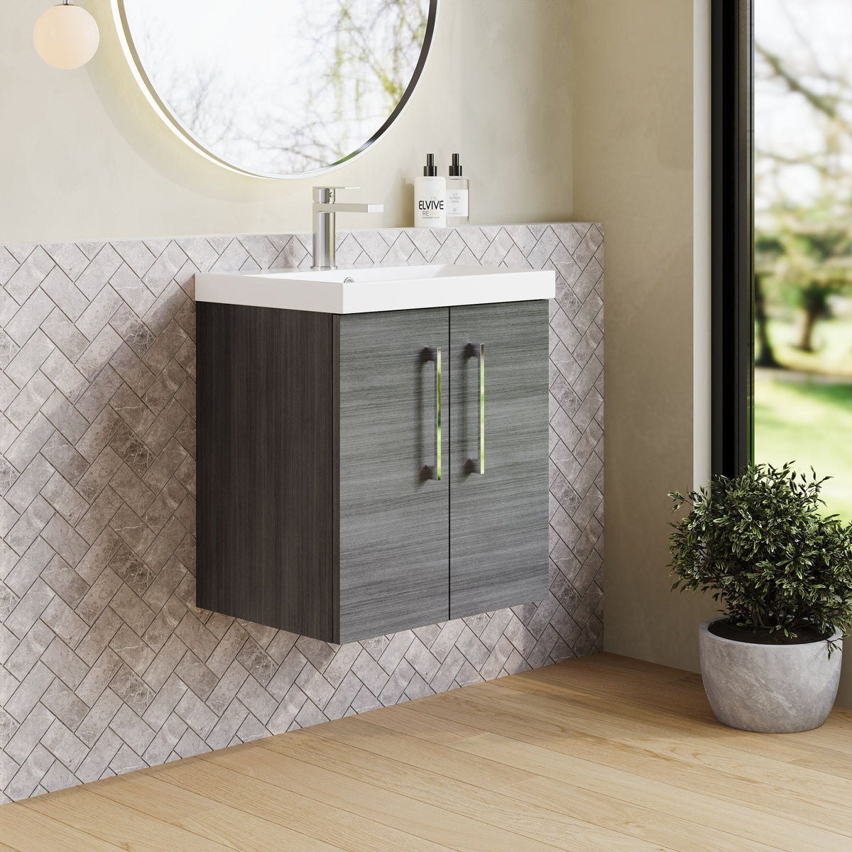 Modern Splash 500mm Anthracite Woodgrain 2 Door Wall Hung Vanity Unit With Thin Edge Basin