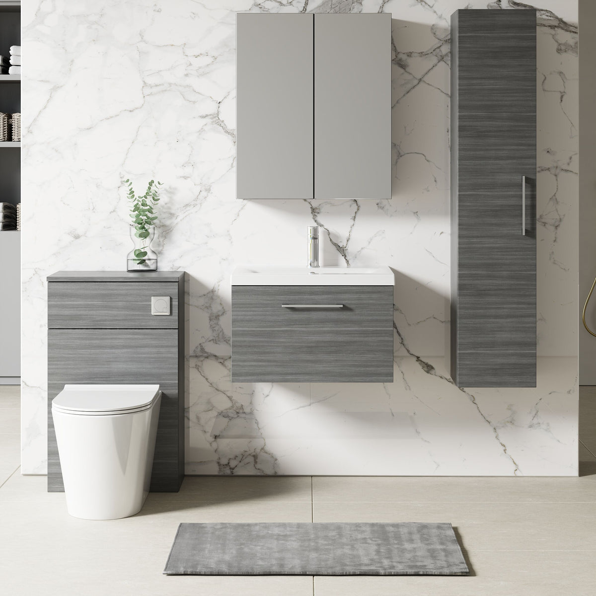 Modern Splash 600mm Anthracite Woodgrain 1 Drawer Wall Hung Vanity Unit With Basin