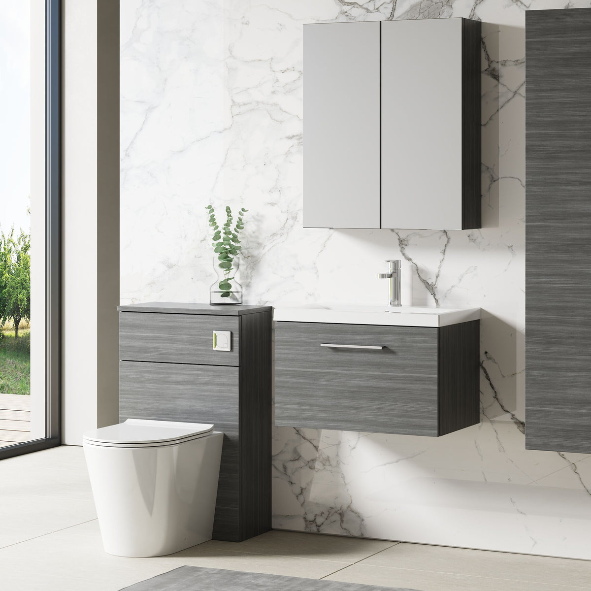 Modern Splash 600mm Anthracite Woodgrain 1 Drawer Wall Hung Vanity Unit With Basin