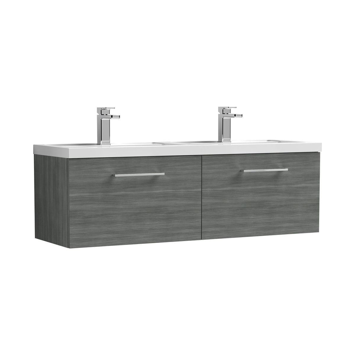 Modern Splash 1200mm Anthracite Woodgrain 2 Drawer Wall Hung Vanity Unit With 2 Tap Hole Polymarble basin
