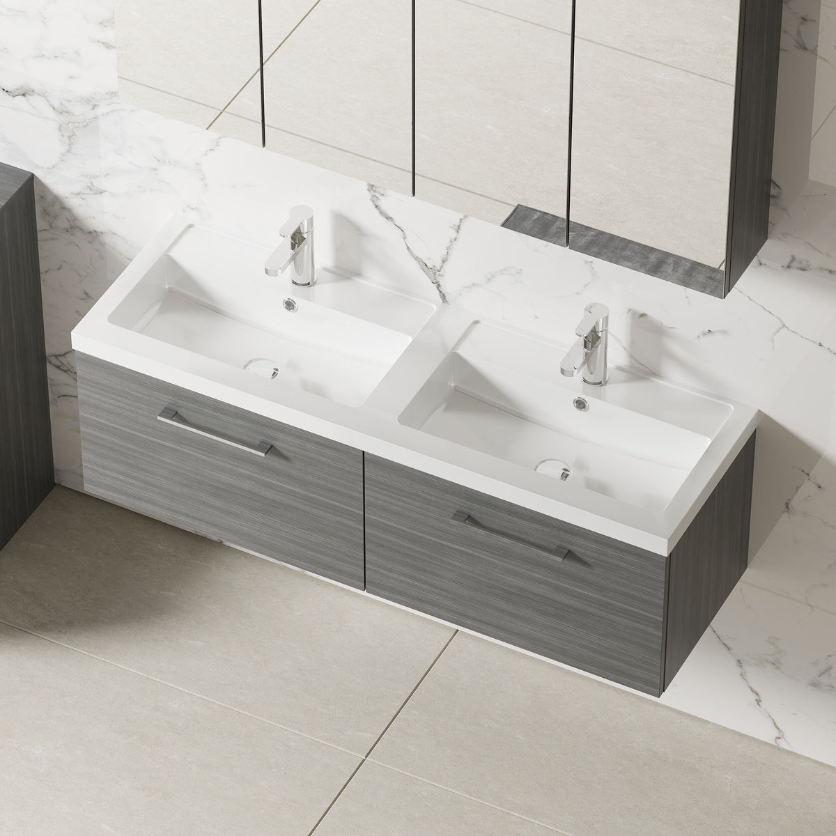 Modern Splash 1200mm Anthracite Woodgrain 2 Drawer Wall Hung Vanity Unit With 2 Tap Hole Polymarble basin