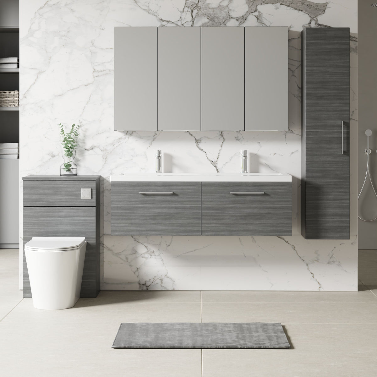 Modern Splash 1200mm Anthracite Woodgrain 2 Drawer Wall Hung Vanity Unit With 2 Tap Hole Ceramic Basin