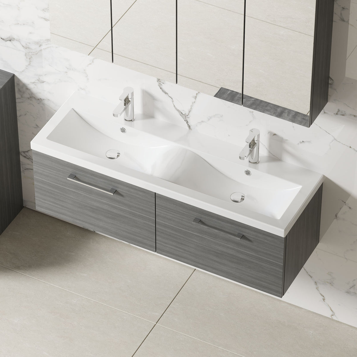 Modern Splash 1200mm Anthracite Woodgrain 2 Drawer Wall Hung Vanity Unit With 2 Tap Hole Ceramic Basin
