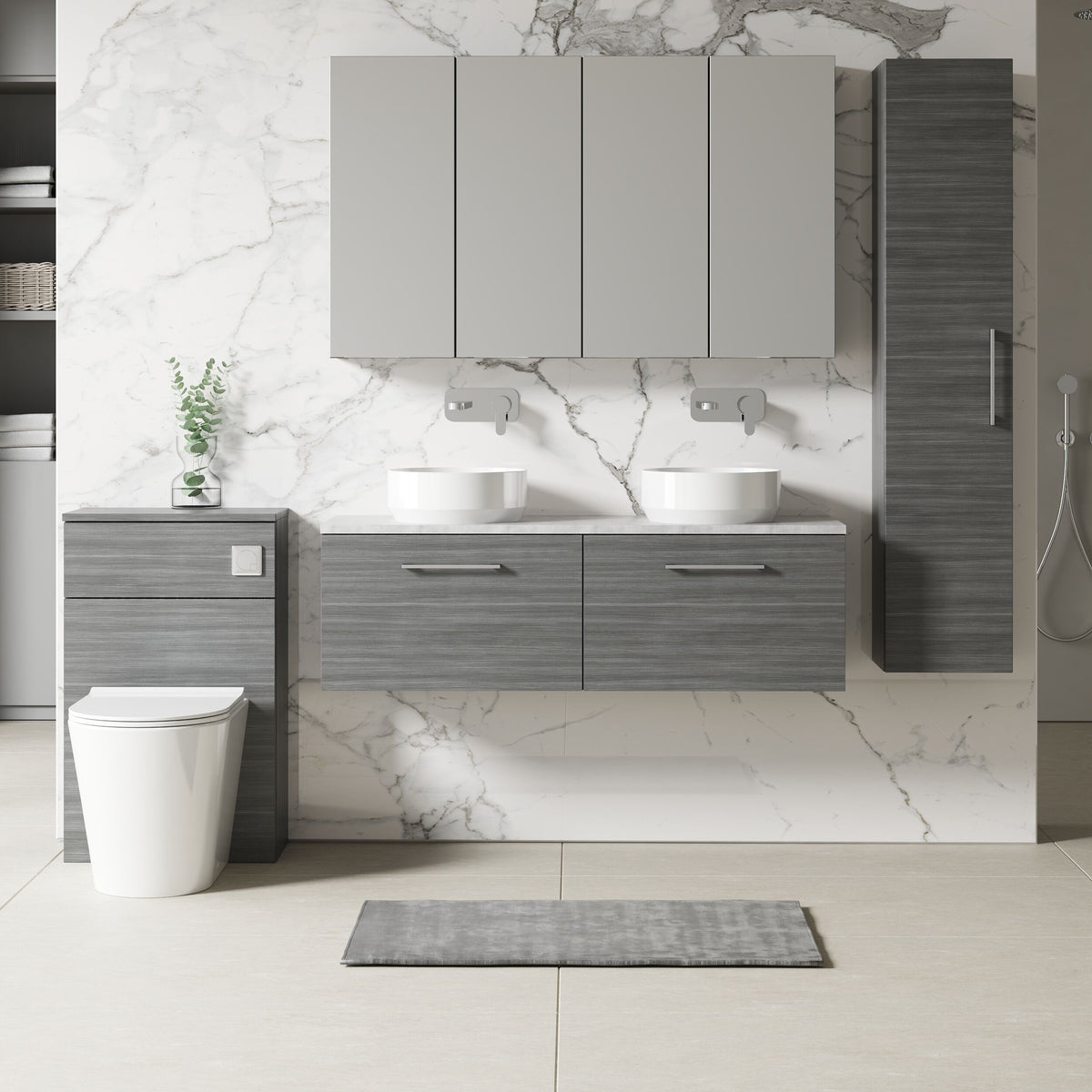 Modern Splash 1200mm Anthracite Woodgrain 2 Drawer Wall Hung Vanity Unit With Bellato Grey Worktop