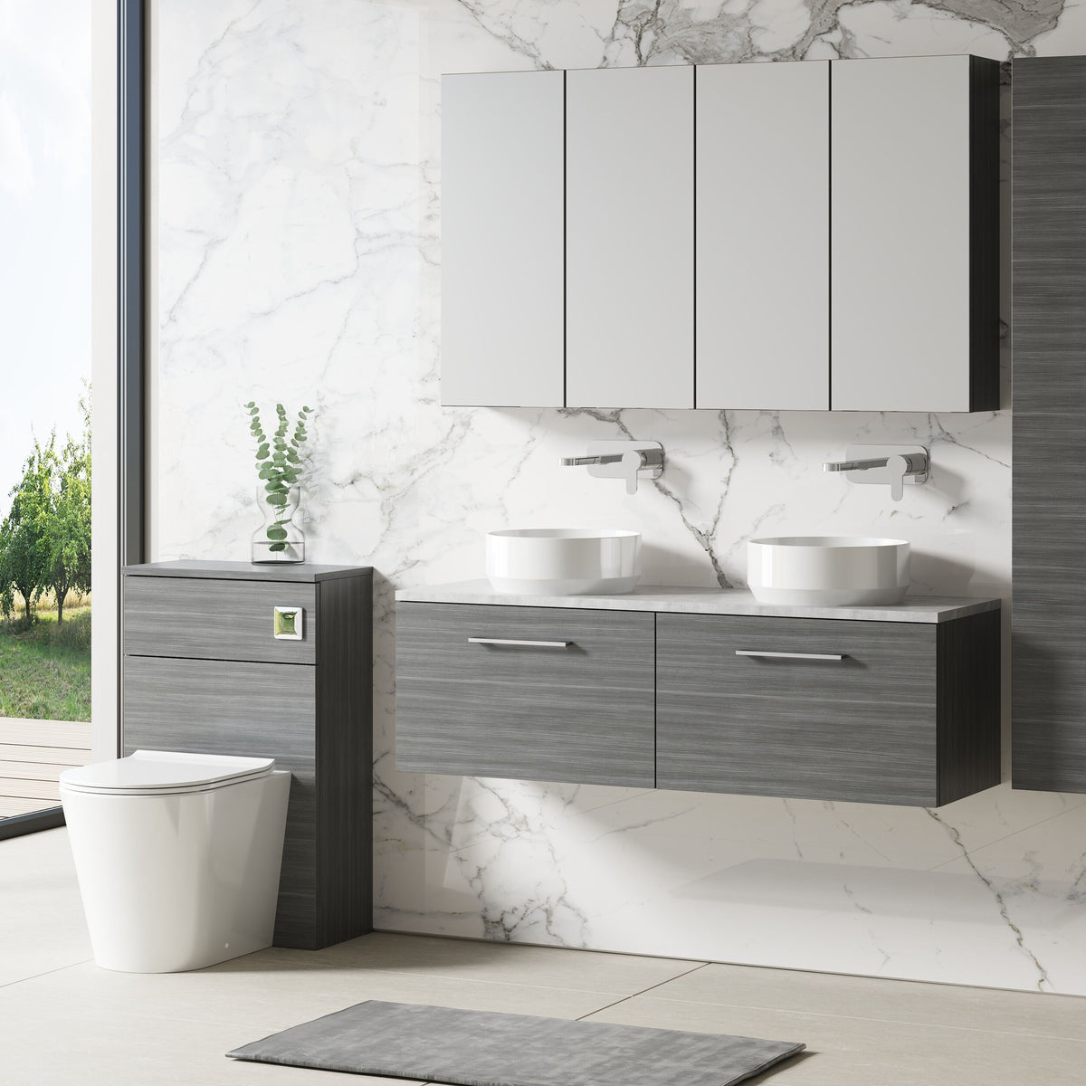 Modern Splash 1200mm Anthracite Woodgrain 2 Drawer Wall Hung Vanity Unit With Bellato Grey Worktop