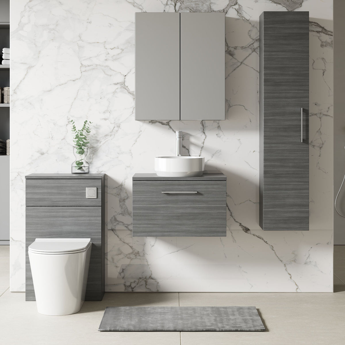 Modern Splash 600mm Anthracite Woodgrain 1 Drawer Wall Hung Anthracite Woodgrain Vanity Unit With Co-ordinating Worktop