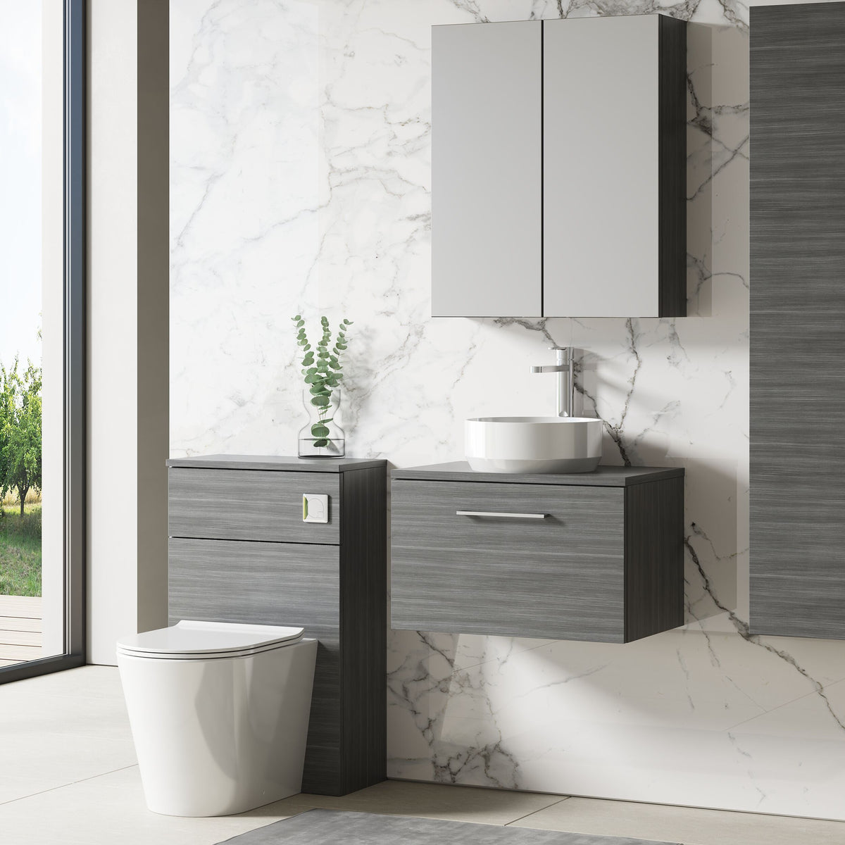 Modern Splash 600mm Anthracite Woodgrain 1 Drawer Wall Hung Anthracite Woodgrain Vanity Unit With Co-ordinating Worktop