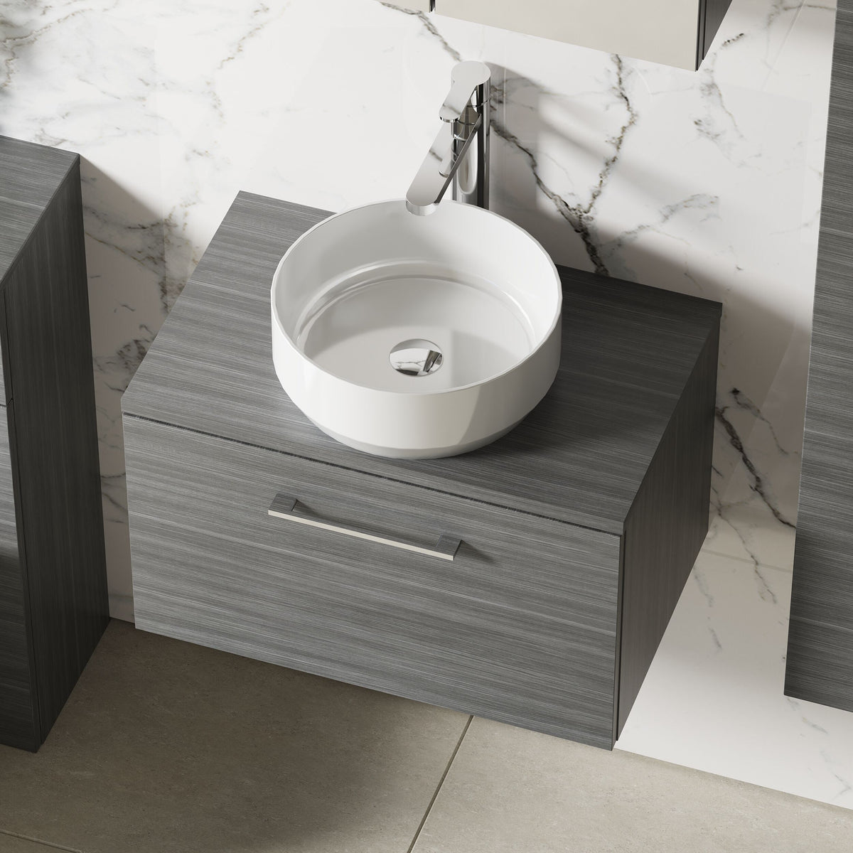 Modern Splash 600mm Anthracite Woodgrain 1 Drawer Wall Hung Anthracite Woodgrain Vanity Unit With Co-ordinating Worktop