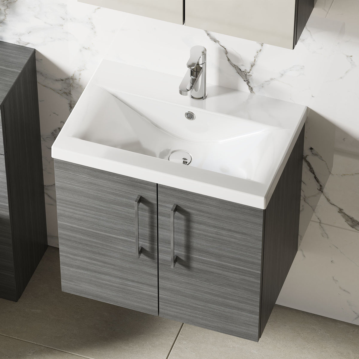 Modern Splash 600mm Anthracite Woodgrain 2 Door Wall Hung Vanity Unit With Mid-Edge Basin
