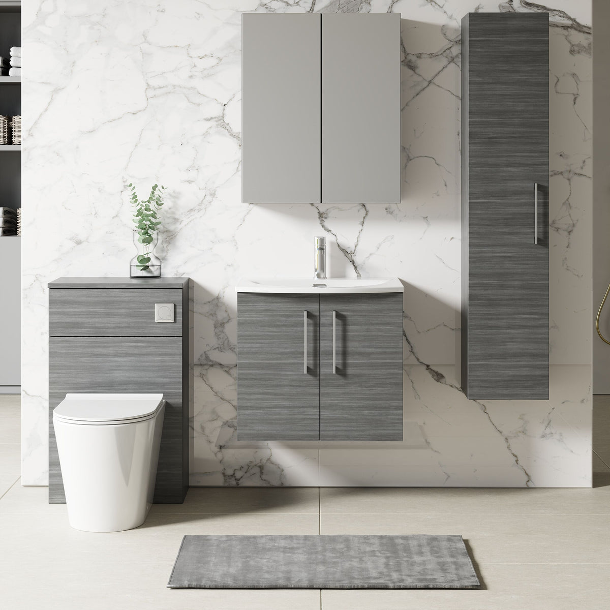 Modern Splash 600mm Anthracite Woodgrain 2 Door Wall Hung Vanity Unit With Curved Basin