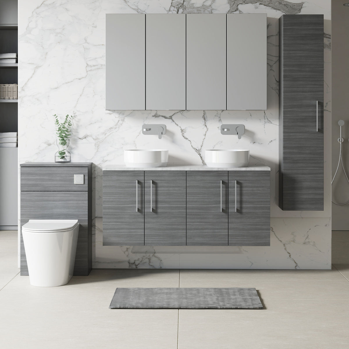 Modern Splash 1200mm Anthracite Woodgrain Wall Hung Anthracite Woodgrain Vanity Unit With Bellato Grey Worktop