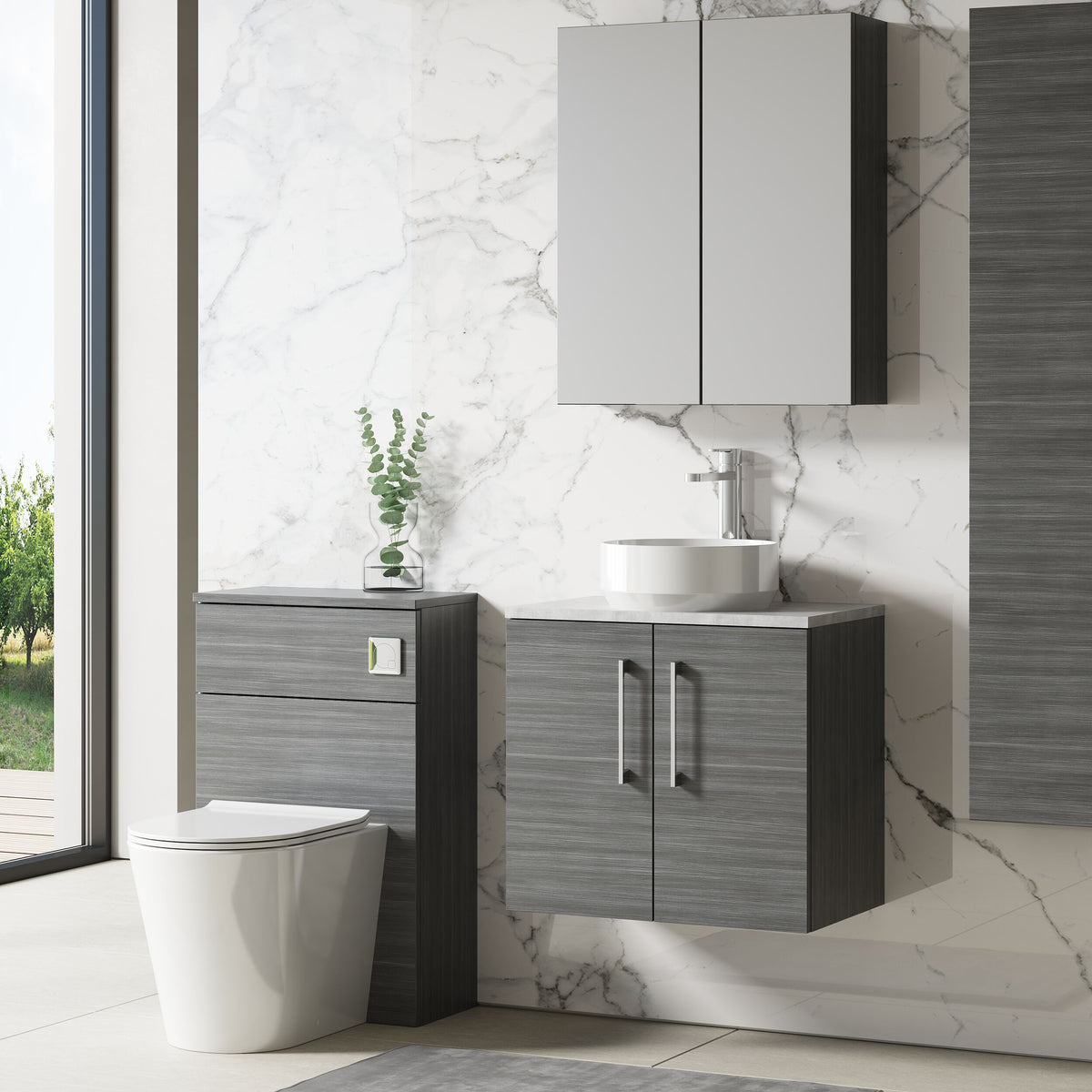 Modern Splash 600mm Anthracite Woodgrain  2 Door Wall Hung Vanity Unit With Bellato Grey Worktop