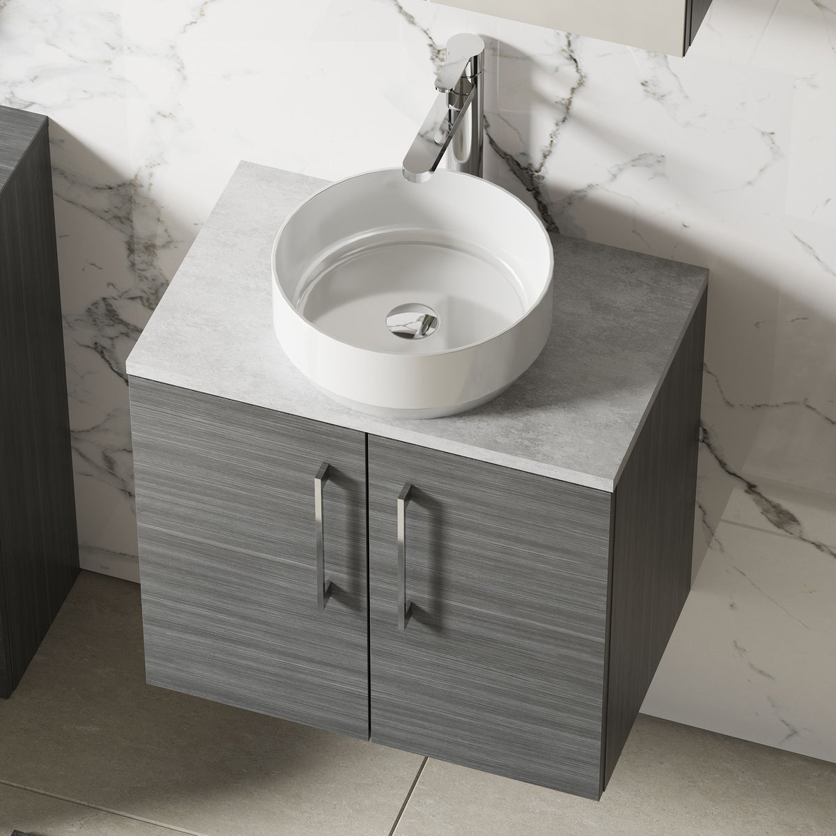 Modern Splash 600mm Anthracite Woodgrain  2 Door Wall Hung Vanity Unit With Bellato Grey Worktop