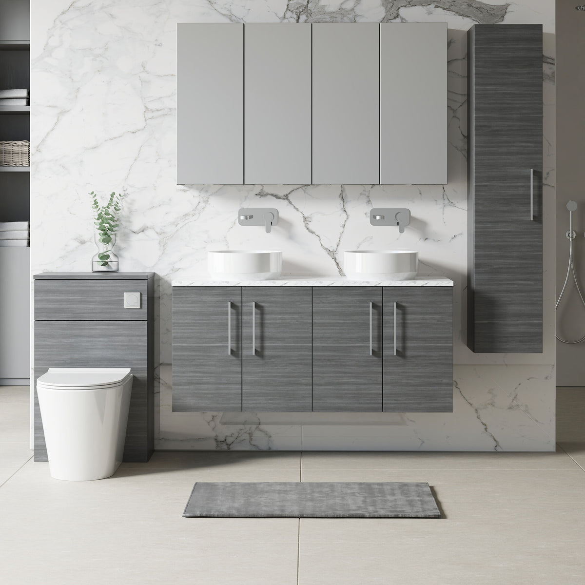 Modern Splash 1200mm Anthracite Woodgrain 2 Door Wall Hung Vanity With Carrara Laminate Worktop