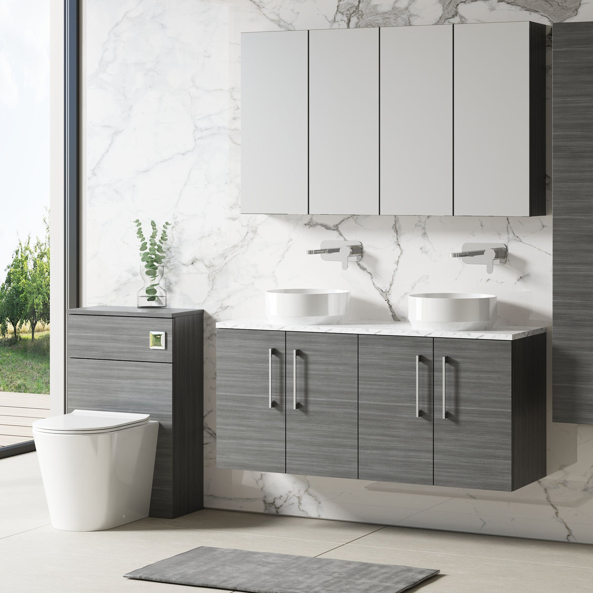 Modern Splash 1200mm Anthracite Woodgrain 2 Door Wall Hung Vanity With Carrara Laminate Worktop