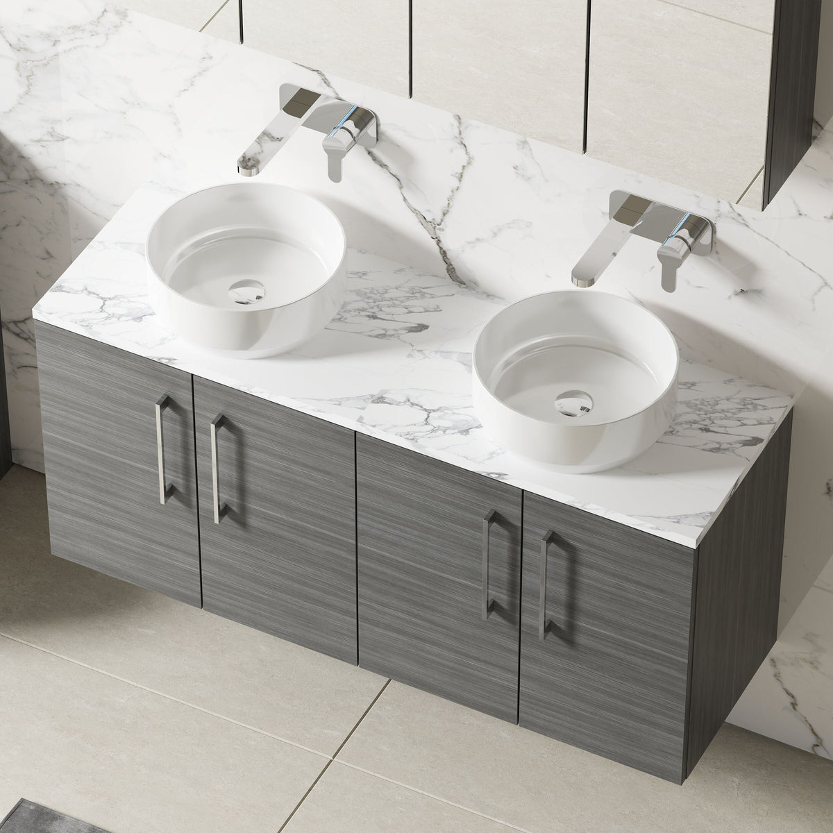 Modern Splash 1200mm Anthracite Woodgrain 2 Door Wall Hung Vanity With Carrara Laminate Worktop