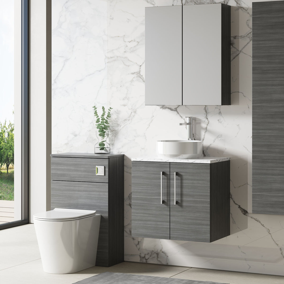 Modern Splash 600mm Anthracite Woodgrain 2 Door Wall Hung Vanity Unit With Carrara Laminate Worktop