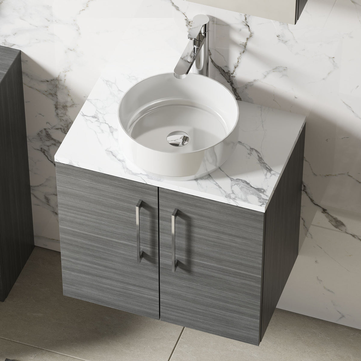Modern Splash 600mm Anthracite Woodgrain 2 Door Wall Hung Vanity Unit With Carrara Laminate Worktop