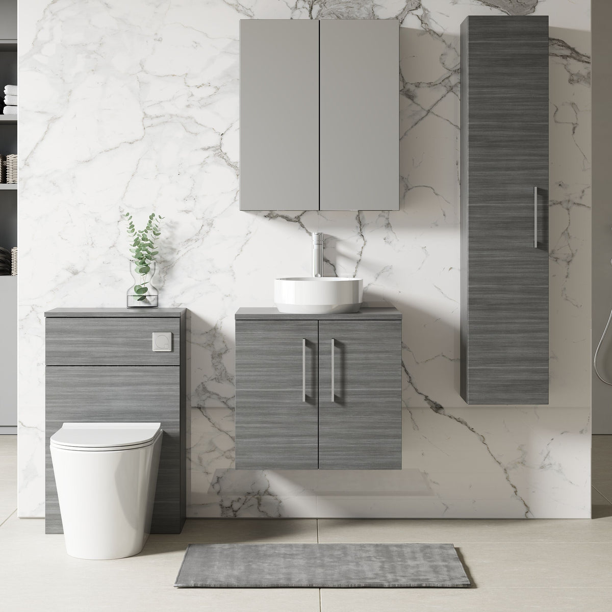 Modern Splash 600mm Anthracite Woodgrain  2 Door Wall Hung Vanity Unit With Co-ordinating Worktop