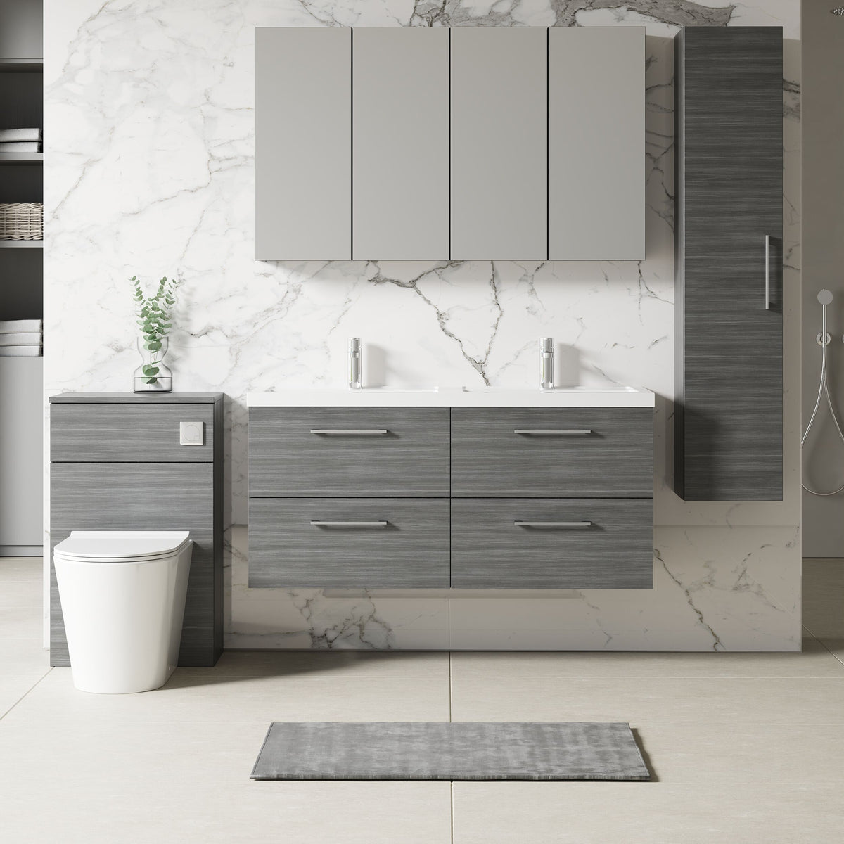 Modern Splash 1200mm Anthracite Woodgrain 4 Drawer Wall Hung Vanity Unit With 2 Tap Hole Polymarble basin
