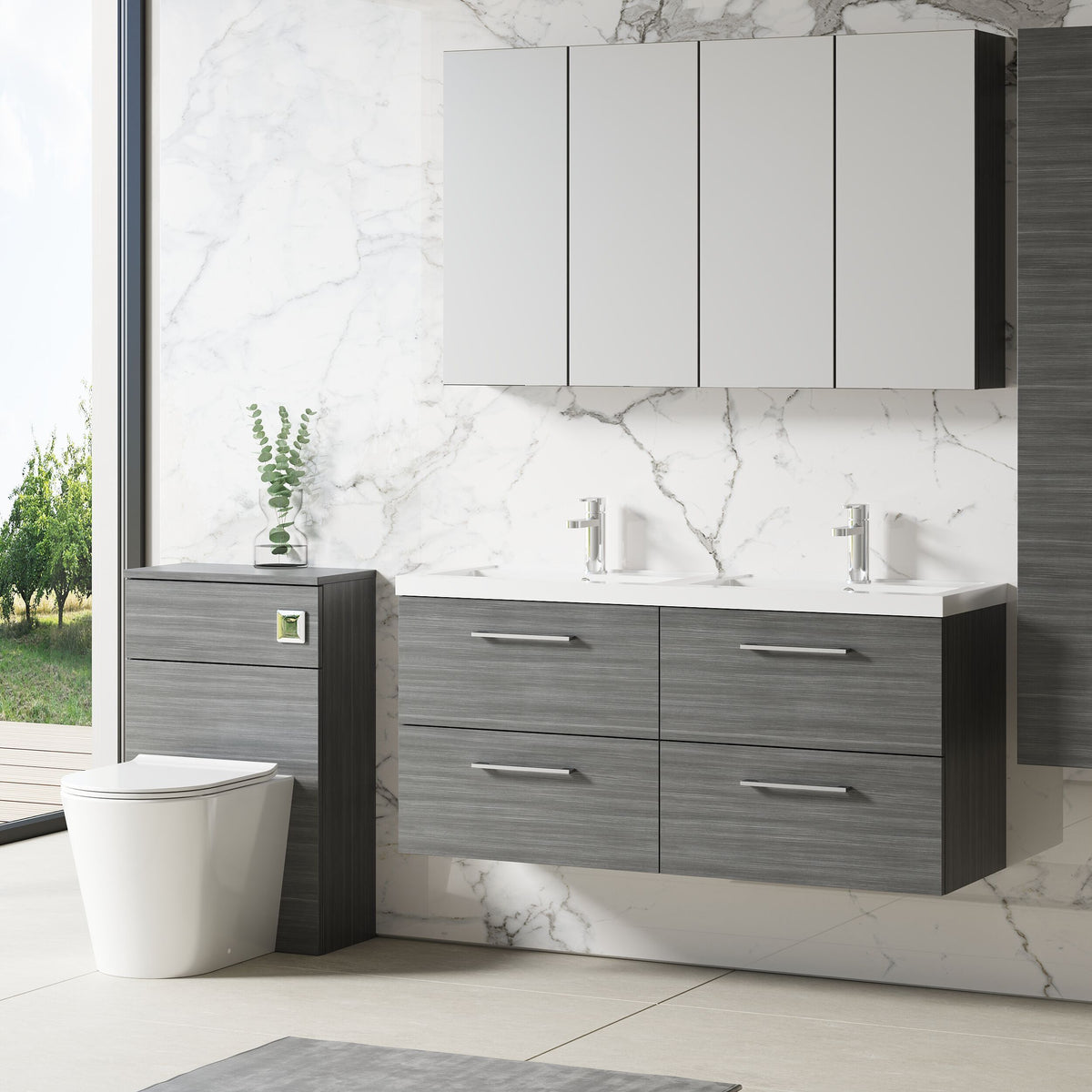 Modern Splash 1200mm Anthracite Woodgrain 4 Drawer Wall Hung Vanity Unit With 2 Tap Hole Polymarble basin