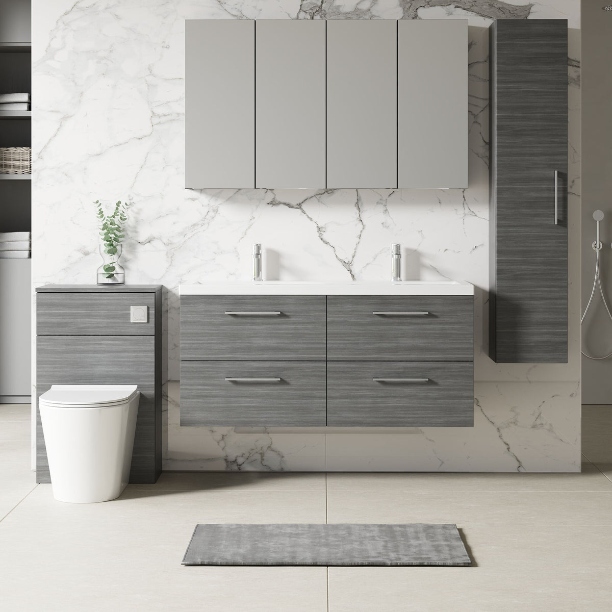 Modern Splash 1200mm Anthracite Woodgrain 4 Drawer Wall Hung Vanity Unit With 2 Tap Hole Ceramic Basin