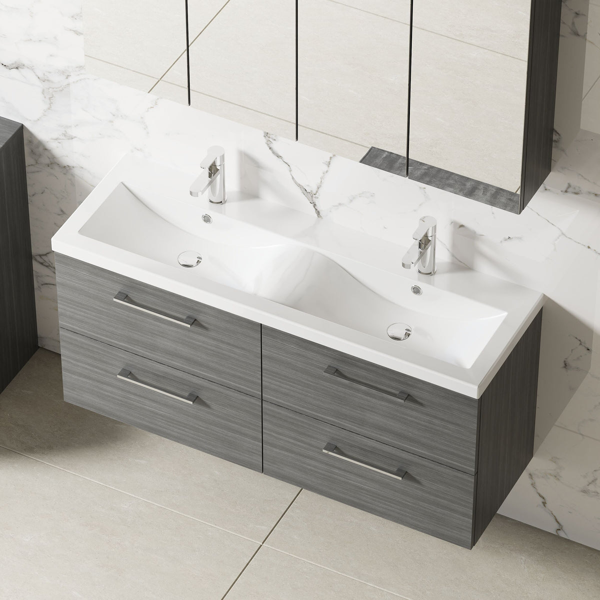Modern Splash 1200mm Anthracite Woodgrain 4 Drawer Wall Hung Vanity Unit With 2 Tap Hole Ceramic Basin