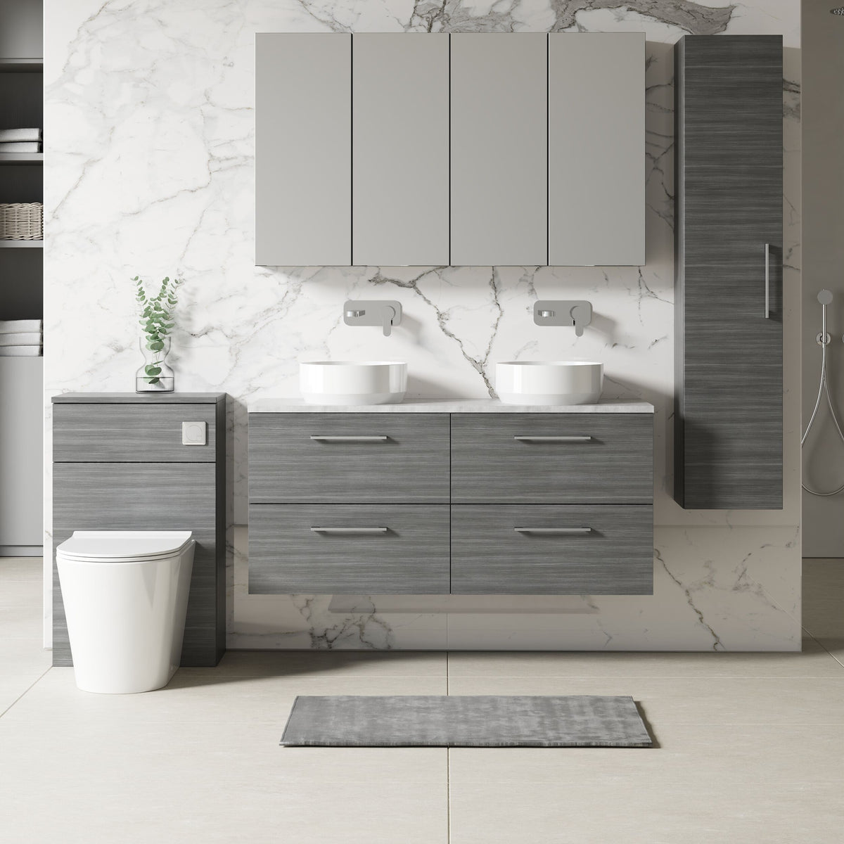 Modern Splash 1200mm Anthracite Woodgrain 4 Drawer Wall Hung Anthracite Woodgrain Vanity Unit With Bellato Grey Worktop