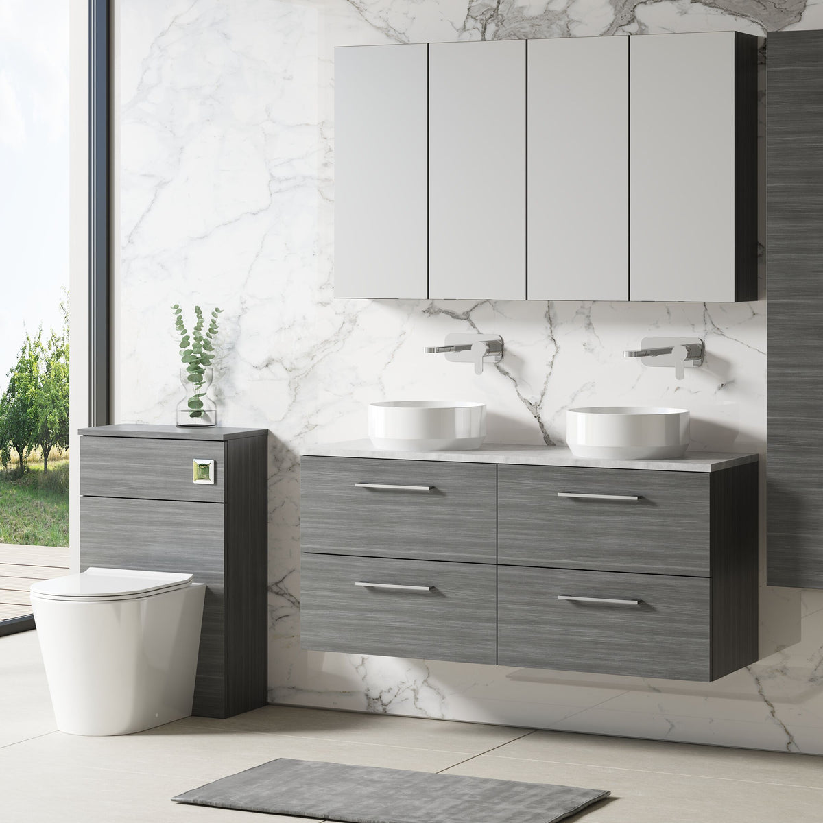 Modern Splash 1200mm Anthracite Woodgrain 4 Drawer Wall Hung Anthracite Woodgrain Vanity Unit With Bellato Grey Worktop