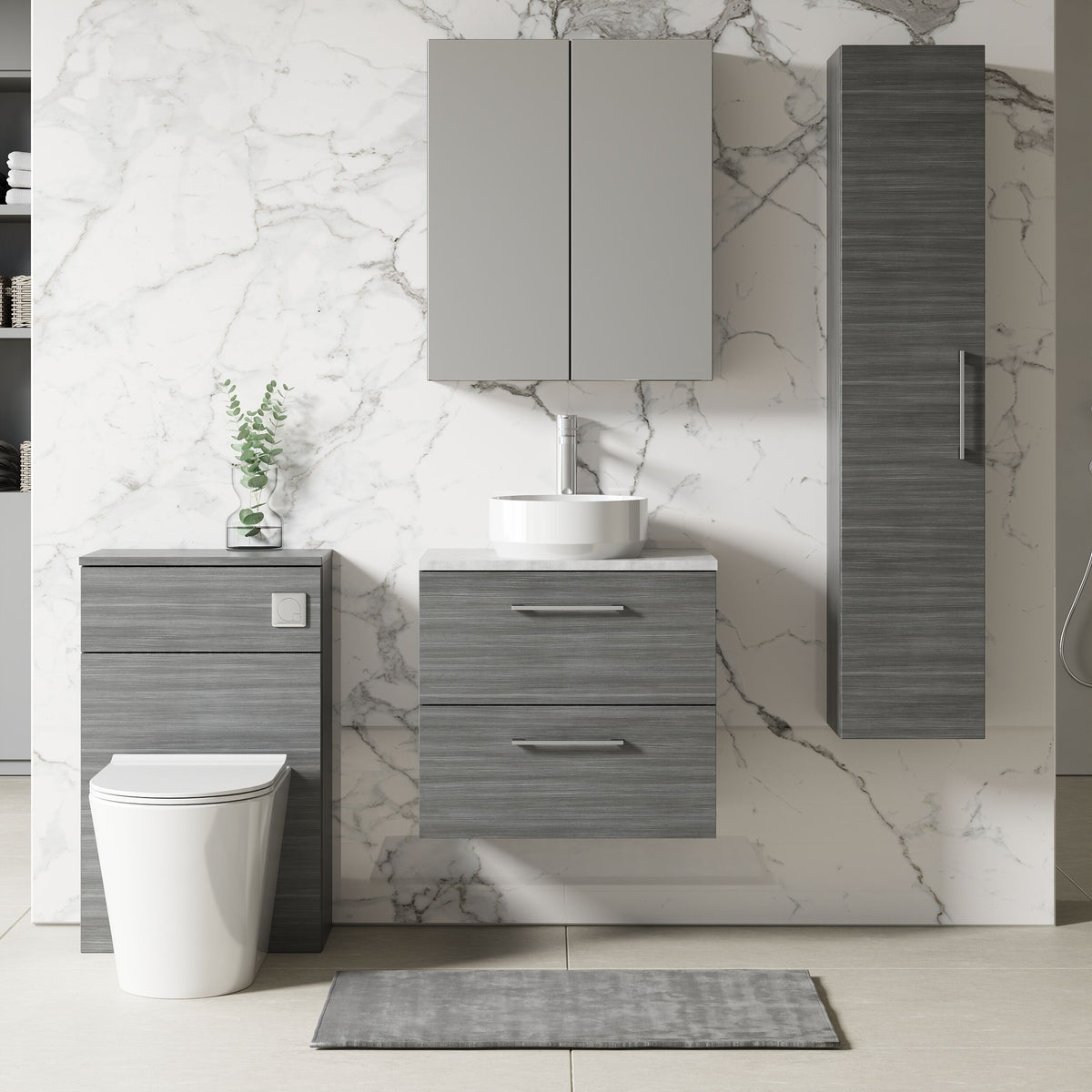 Modern Splash 600mm Anthracite Woodgrain Anthracite 2 Drawer Wall Hung Vanity Unit With Bellato Grey Worktop