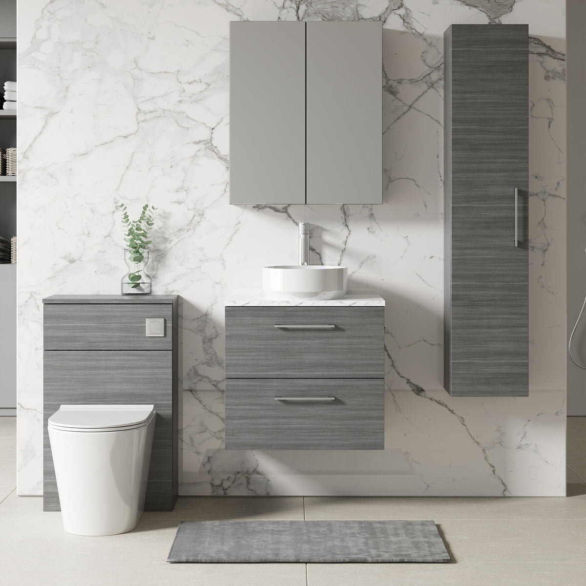 Modern Splash 600mm Anthracite Woodgrain 2 Drawer Wall Hung Vanity Unit With Carrara Laminate Worktop