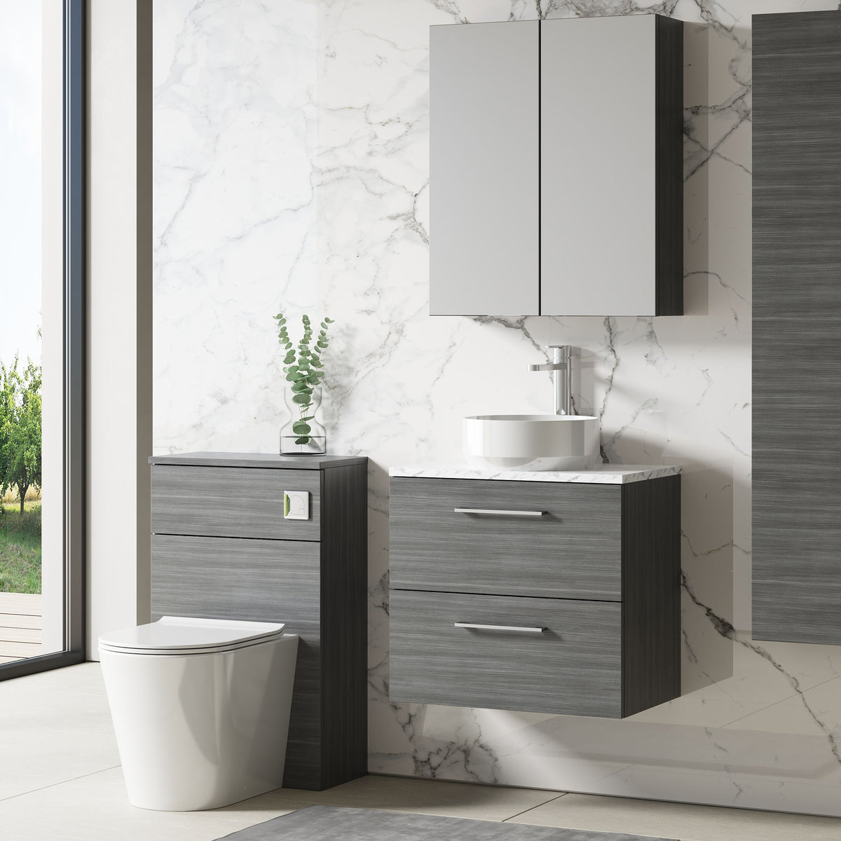 Modern Splash 600mm Anthracite Woodgrain 2 Drawer Wall Hung Vanity Unit With Carrara Laminate Worktop