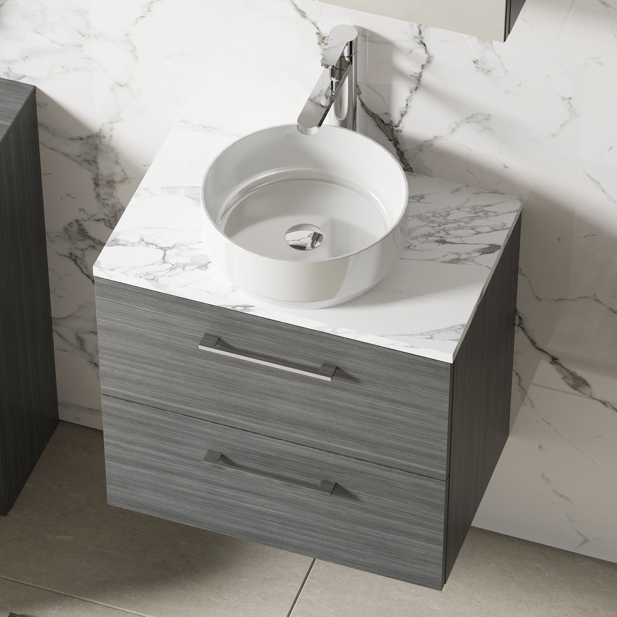 Modern Splash 600mm Anthracite Woodgrain 2 Drawer Wall Hung Vanity Unit With Carrara Laminate Worktop