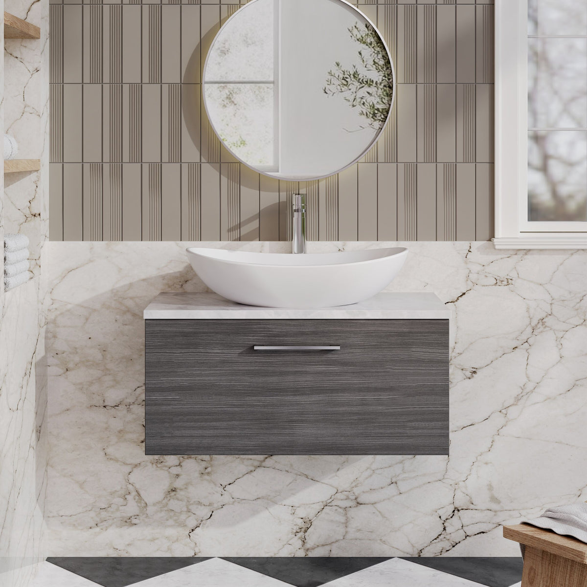 Modern Splash 800mm Anthracite Woodgrain Wall Hung Anthracite Woodgrain 1 Drawer Vanity Unit With Bellato Grey Worktop
