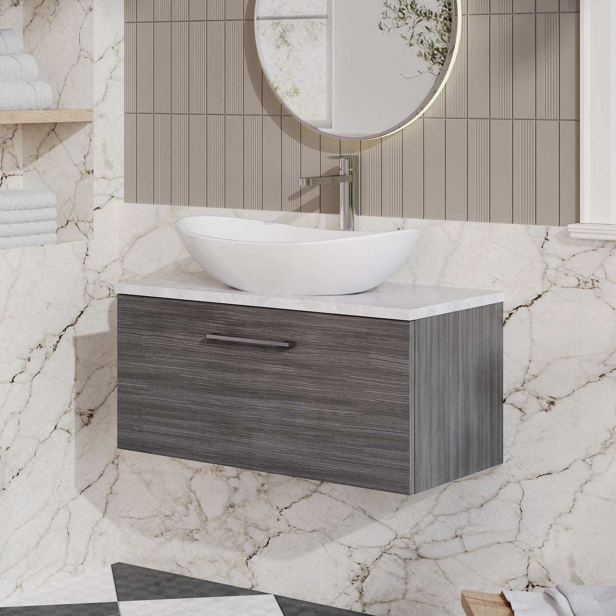 Modern Splash 800mm Anthracite Woodgrain Wall Hung Anthracite Woodgrain 1 Drawer Vanity Unit With Bellato Grey Worktop