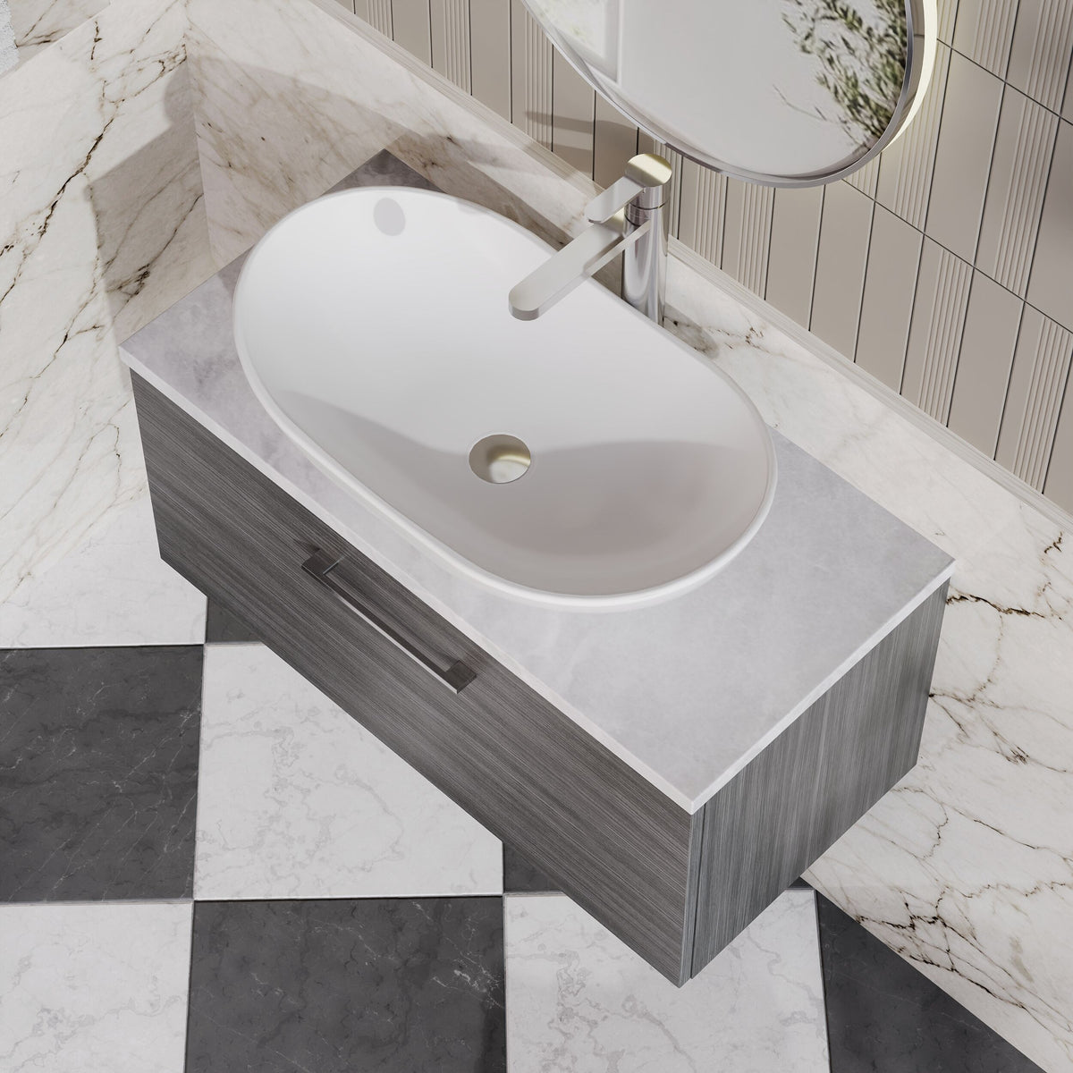 Modern Splash 800mm Anthracite Woodgrain Wall Hung Anthracite Woodgrain 1 Drawer Vanity Unit With Bellato Grey Worktop