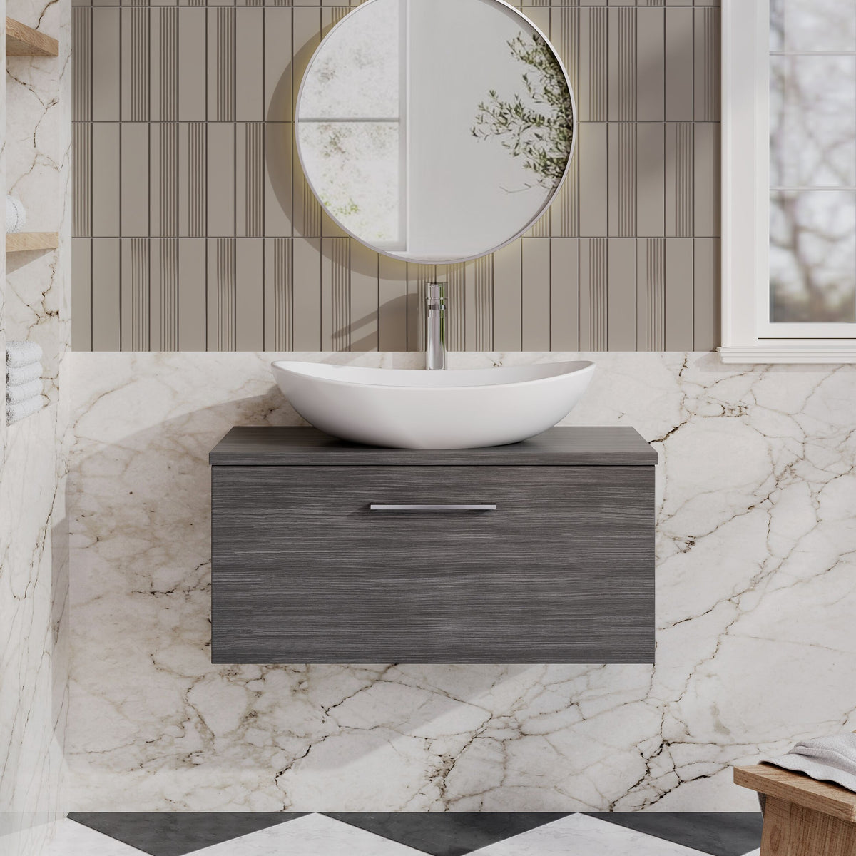 Modern Splash 805mm Anthracite Woodgrain 1 Drawer Wall Hung Vanity Unit With Co-ordinating Worktop