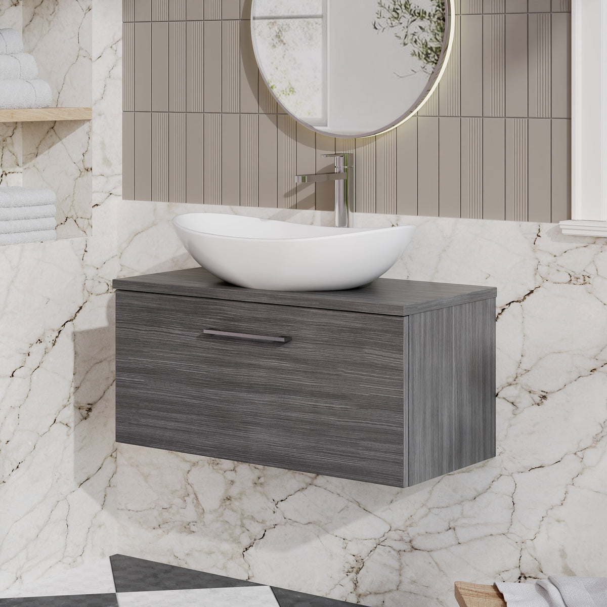 Modern Splash 805mm Anthracite Woodgrain 1 Drawer Wall Hung Vanity Unit With Co-ordinating Worktop